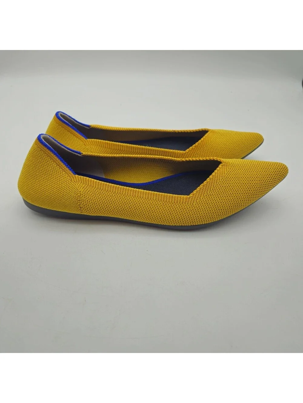 Rothys Ladies 7.5 Point Marigold Yellow Blue Heel Accent Mesh Upper Slip On NEW